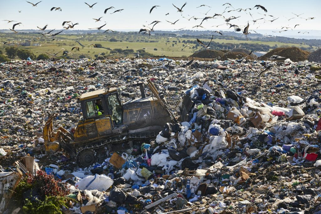 Heavy machinery shredding garbage in an open air landfill. Pollution