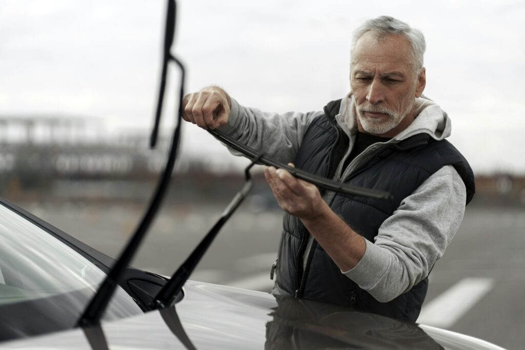 Portrait of senior man technician checking, changing, mounting new windscreen wiper on the car